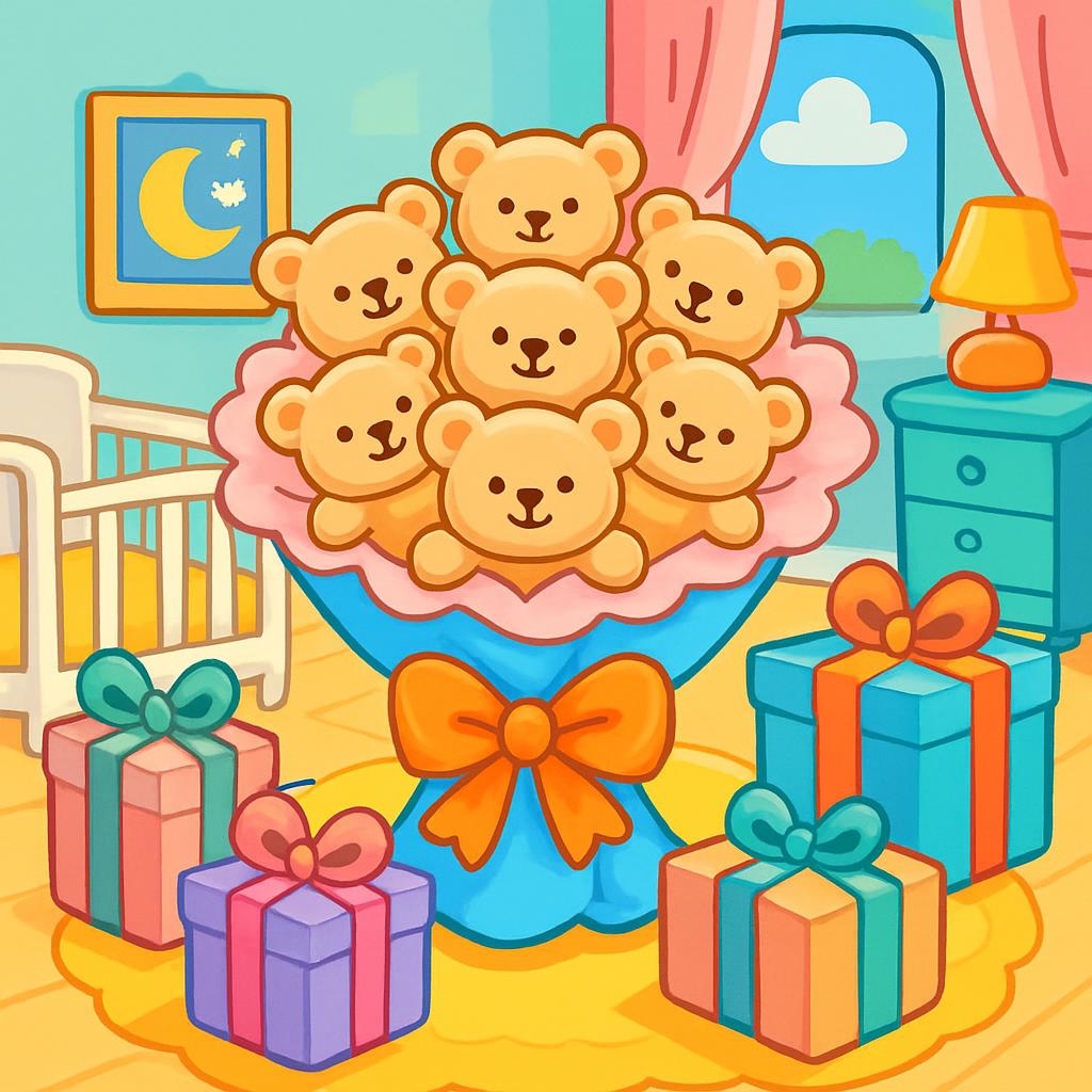 A cartoon nursery scene with a vase containing five teddy bears and presents, set in a bright and cheerful environment. .E...