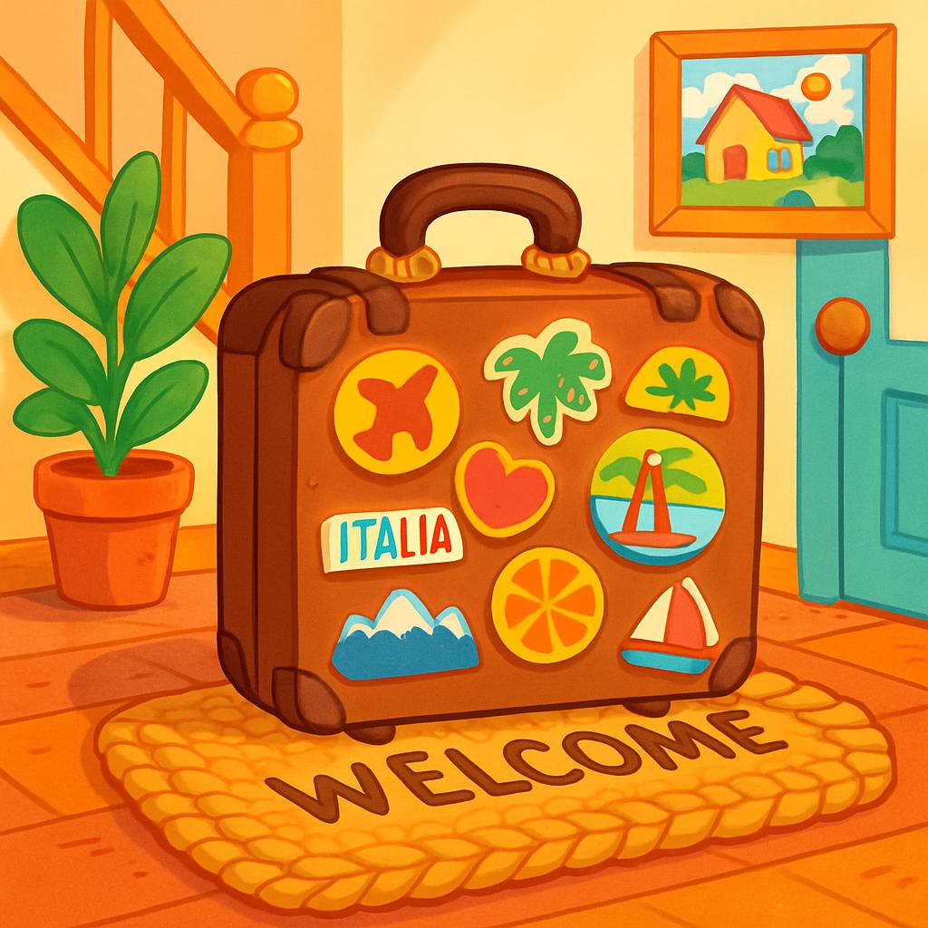 suitcases with italian interior stamps on it. a green welcome Mat on the Floor. A welcome paint on a green door. A relaxin...