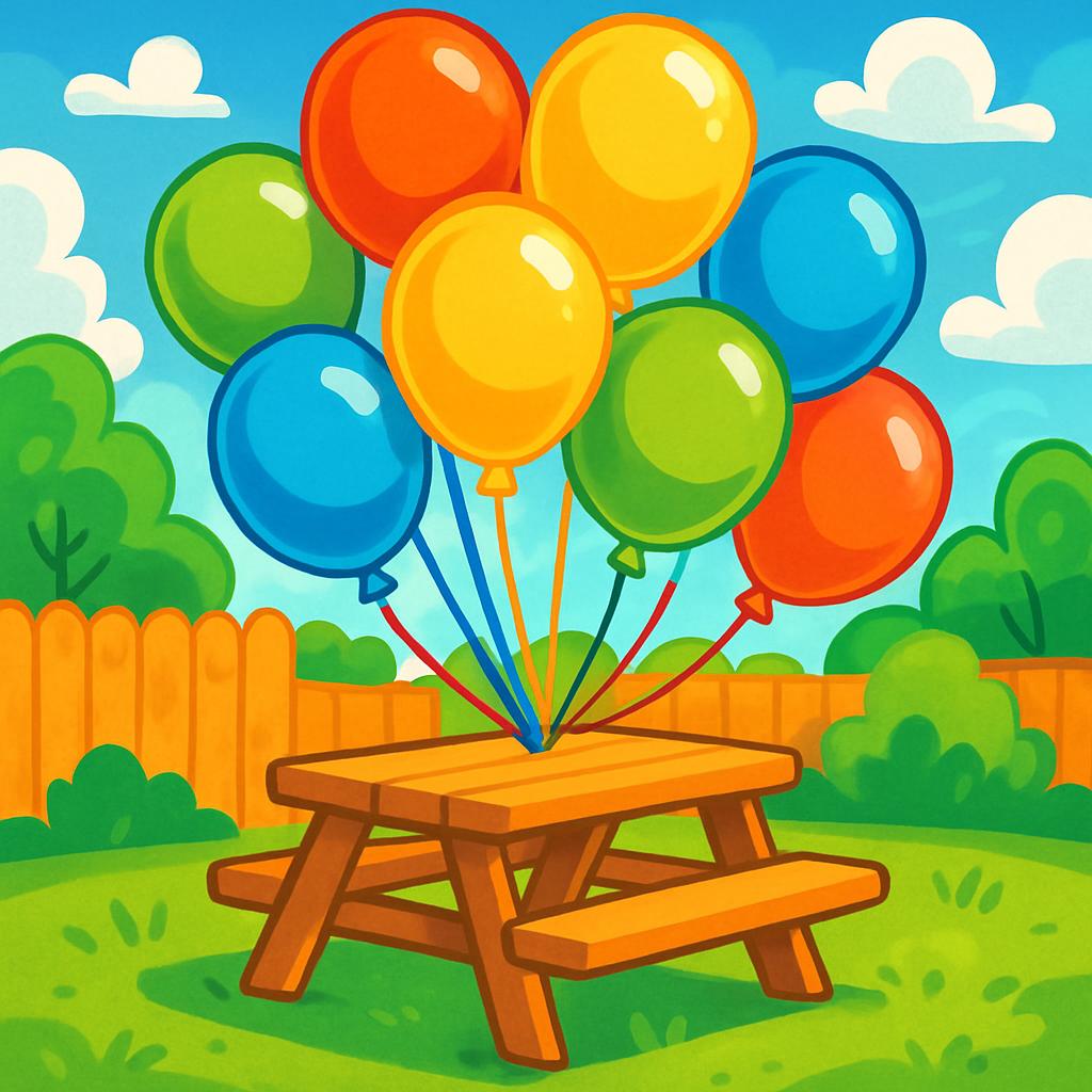 A cartoon-style illustration of a picnic table in the backyard surrounded by colorful balloons against a blue sky with flu...