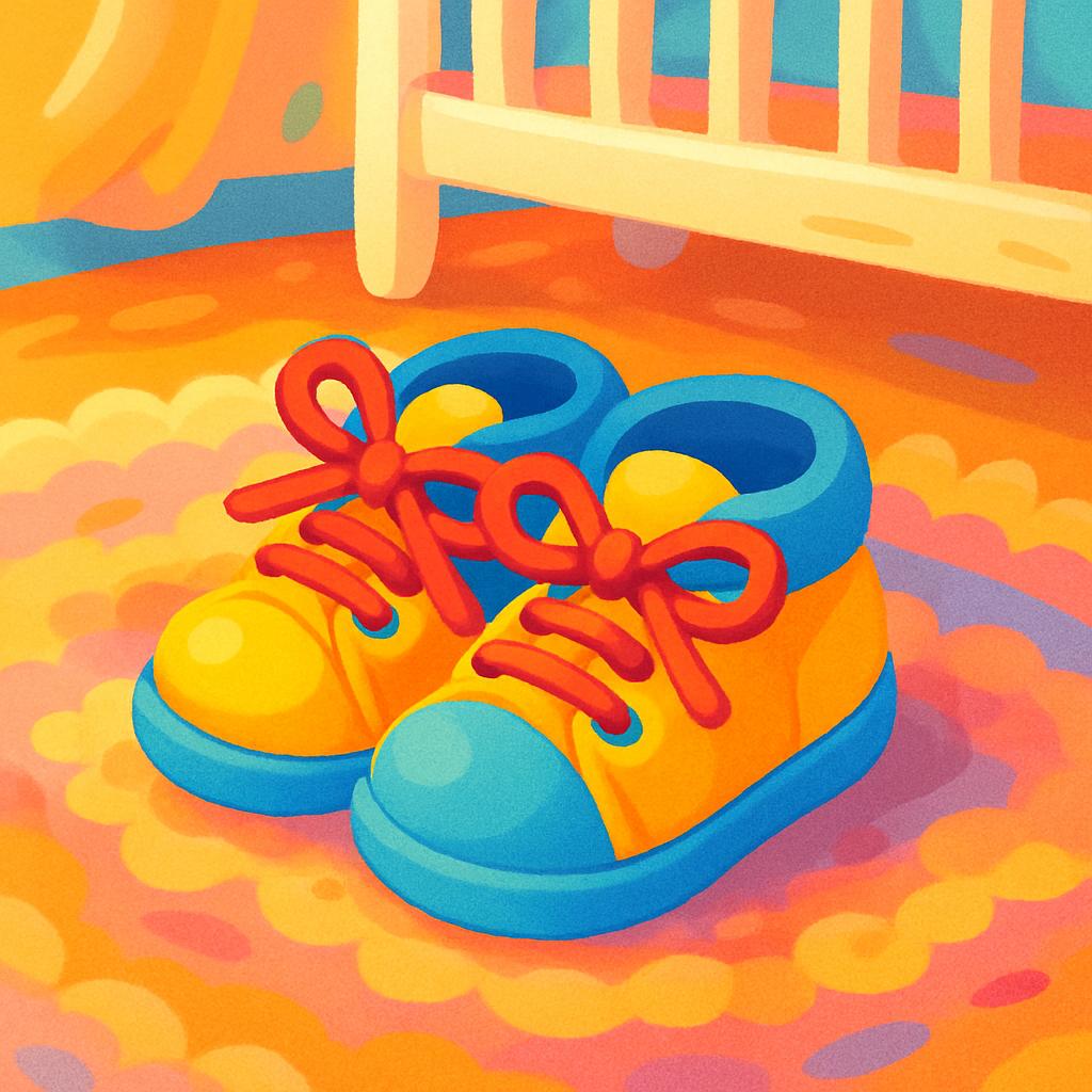 Pair of brightly coloured children's sneakers with large laces, on the floor amidst orange, pink and yellow clouds, with a...