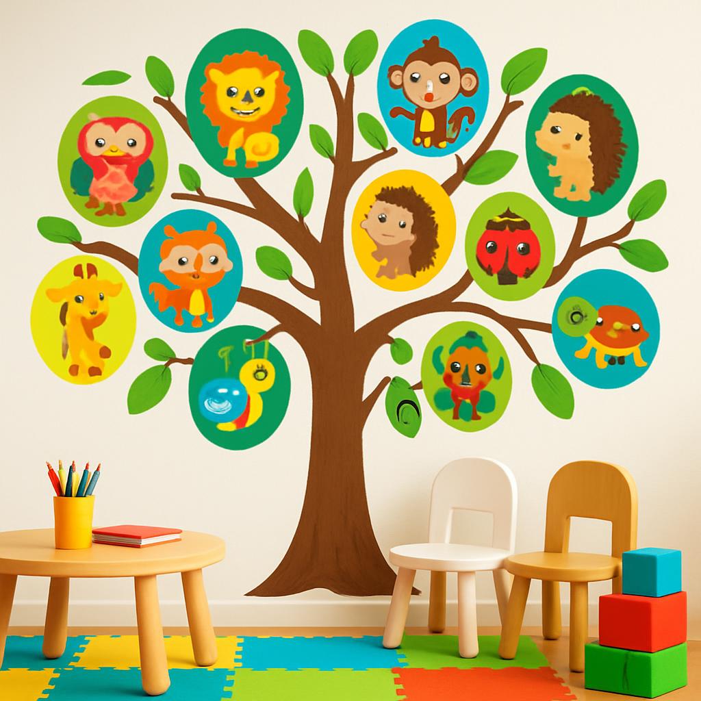 A colorful cartoon tree with various animal stickers attached to its branches and trunk, serving as a decorative element i...