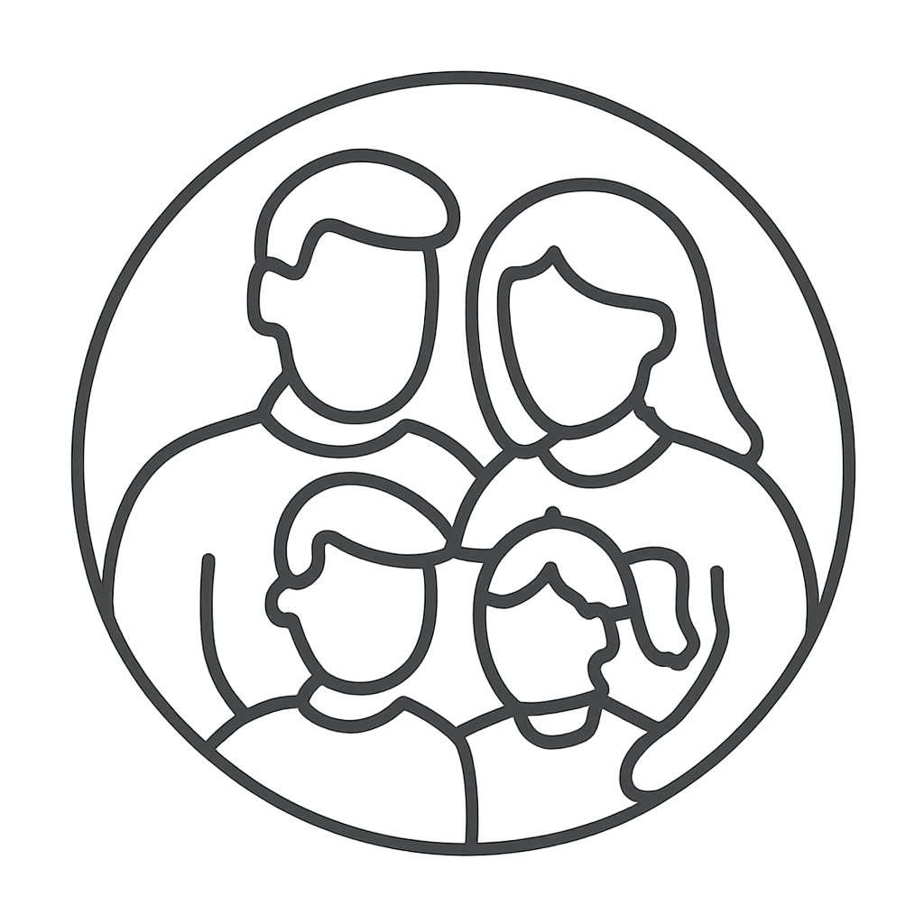 Four outlined cartoon figures poised to embrace, atop a dark grey background.